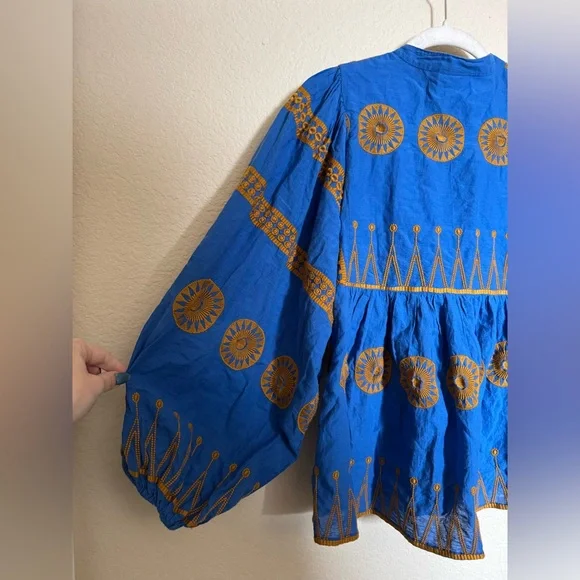 Oliphant Mandarin Balloon Sleeve Top Sz Medium Soleil Blue Cotton Boho Flowy - Picture 9 of 9